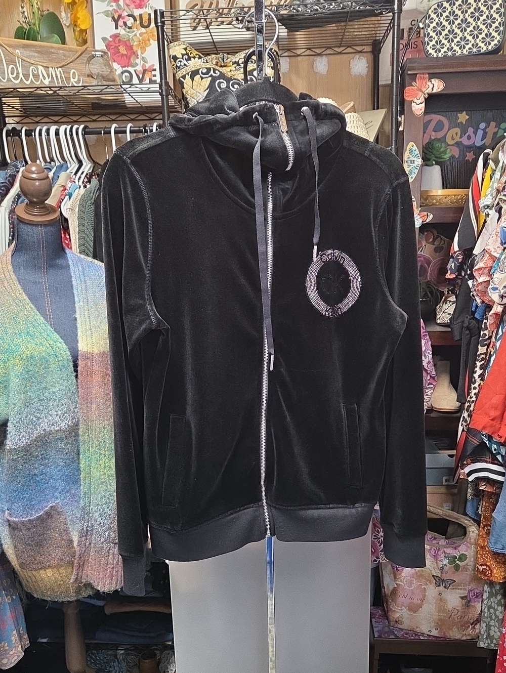 Calvin Klein Black Velvet Zip-Front Hoodie Jacket